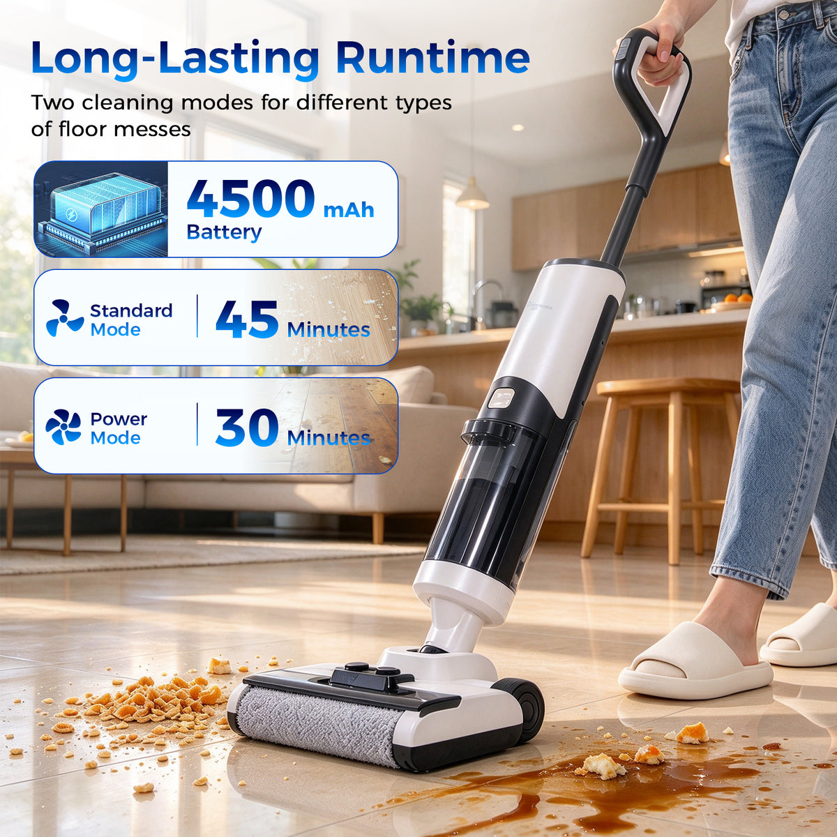 EVERCROSS BOT D1 PRO Wet and Dry Floor Washer, 15–20 kPa Suction, Standard/Power Modes, 180° Lay-Flat Cleaning, Self-Cleaning & Hot-Air Drying, Up to 45-Minute Runtime