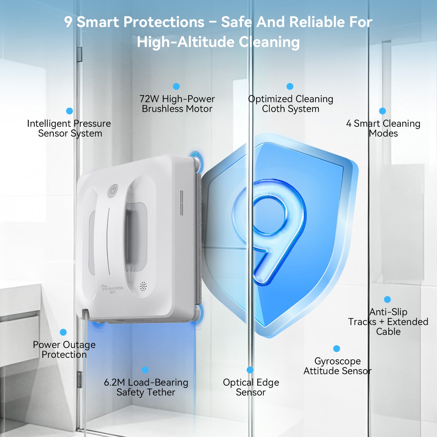 EVERCROSS BOT Window Cleaning Robot with 4 Spray Nozzles & Water Pump, 60 m² Coverage (Equipped with 80 ml Water Tank & App Control, Power Failure Protection)